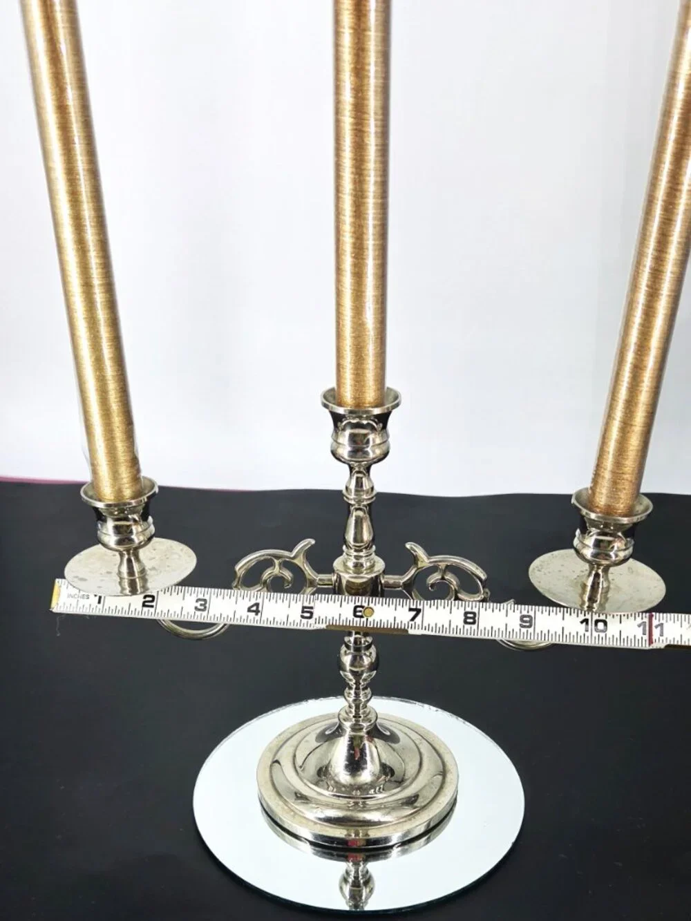 Vintage Silver Metal Ornate Scrollwork 3 Arm Candelabra Taper Candles Weighted